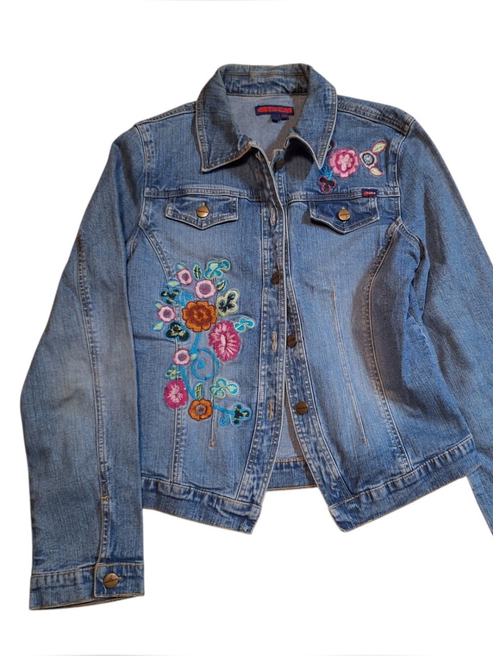 YUKA jeans embroidered floral denim jacket ladies large Bohemian Coastal Style